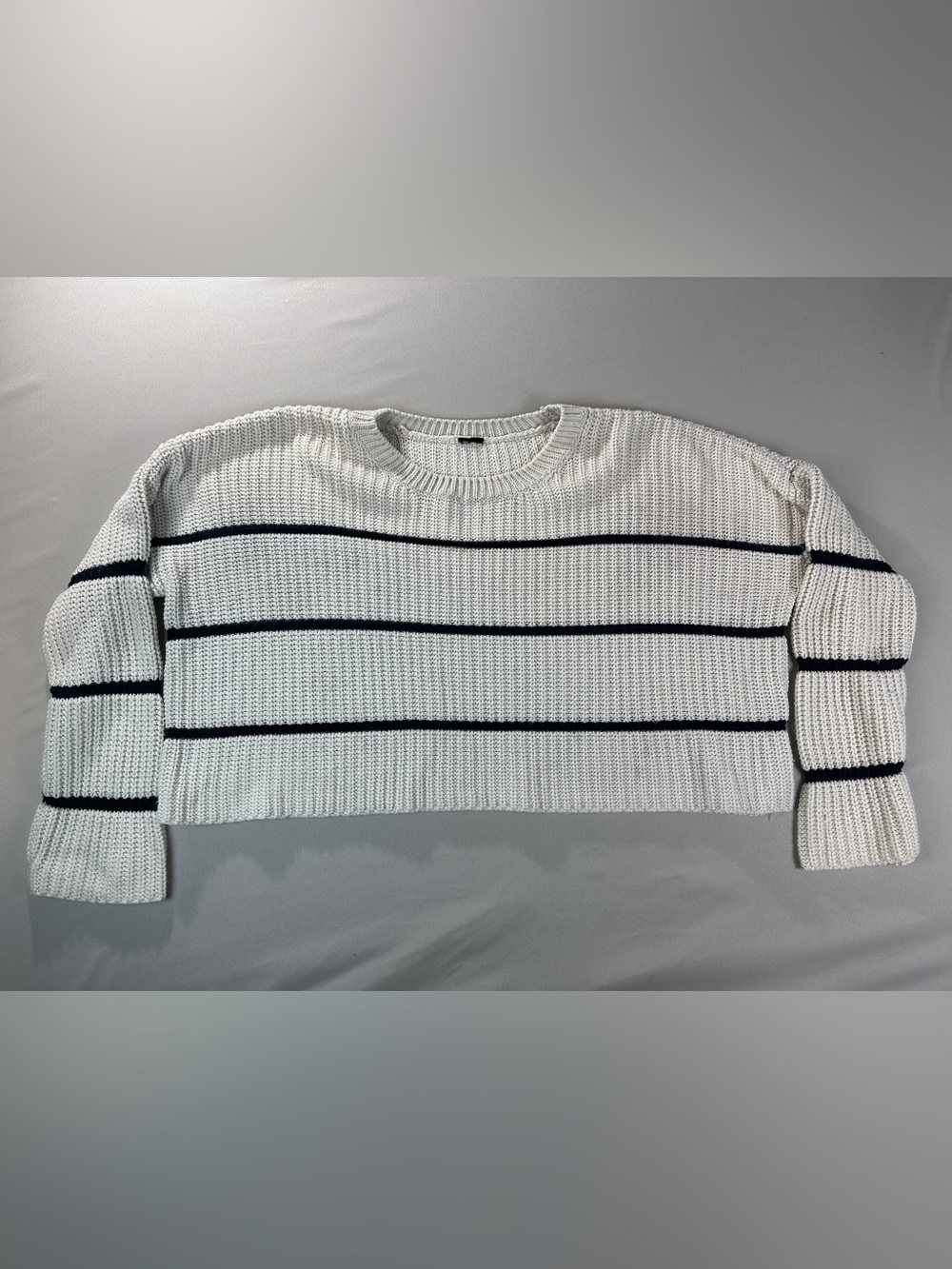 White Ivory Navy Blue Oversized Crop Striped Sweater Boho Fisherman